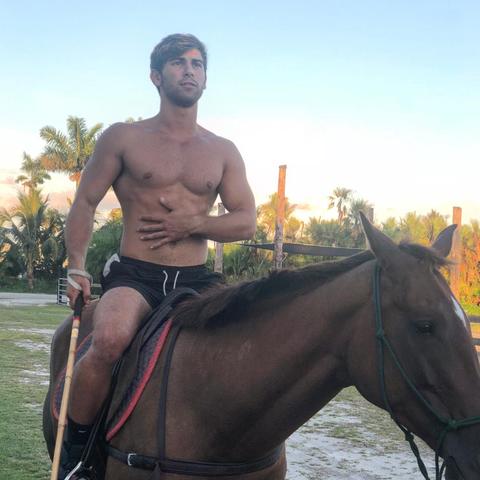 A muscular man wearing only a pair of shorts is on a horse while holding a polo stick