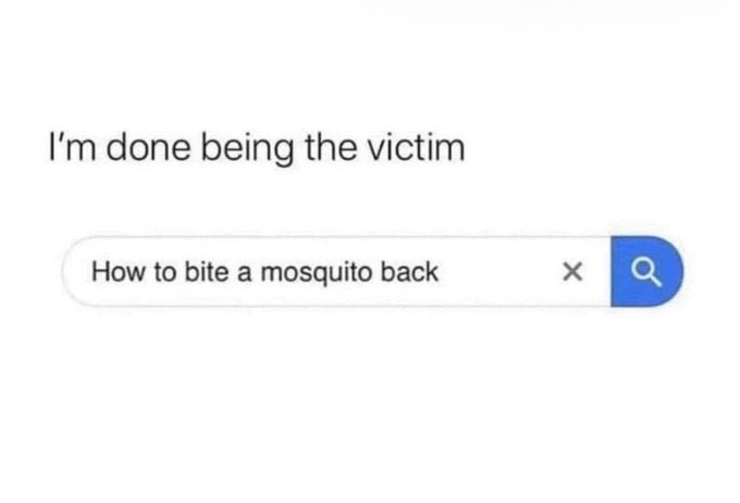 A meme featuring text and a search bar. At the top, it says "I'm done being the victim". Below this is an image of a generic internet search bar, and typed into the bar is the query: "How to bite a mosquito back".