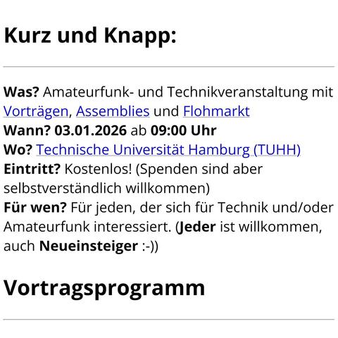 Plakat mit Infos zur Amateurfunk- und Technikveranstaltung am 3. Januar 2026 ab 9 Uhr an der Technischen Universität Hamburg. Eintritt frei, Spenden willkommen. Für alle Technik- und Funkinteressierten, auch Einsteiger. Enthalten sind Vorträge, Assemblies und ein Flohmarkt.