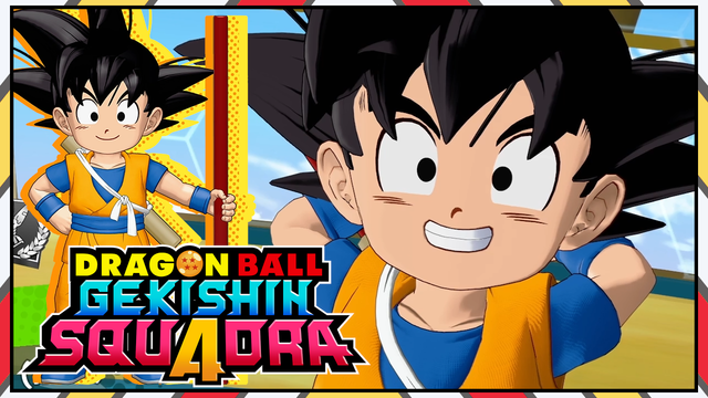 A thumbnail of a Monz Mont video. The edge of the thumbnail is a colorful border made of alternating red, white, and yellow slanted stripes meeting at the center like a mountain. Inside the border is a full body shot and a close up of Son Goku from Dragon Ball Daima. At the lower left corner is the logo of the game, Dragon Ball Gekishin Squadra.