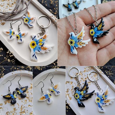 A collage of five photos of jewelry: earrings, key chains, and pendants in the shape of birds, painted in blue and yellow with a sunflower image.