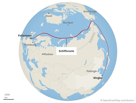 The globe focused on the northern hemisphere with the route of the ship as a red line:

"...Northeast Passage:
From eastern China, it traveled through the East China Sea, the Sea of Japan, and the Bering Strait. The freighter then sailed along the Russian coast for five days to Scandinavia.


After 20 days, the “Istanbul Bridge” reached the port of Felixstowe in Great Britain. Two days later, the ship entered the port of Hamburg."

Source: 
https://www.n-tv.de/wirtschaft/Die-Nordostpassage-koennte-die-Weltwirtschaft-umwaelzen-article26132894.html