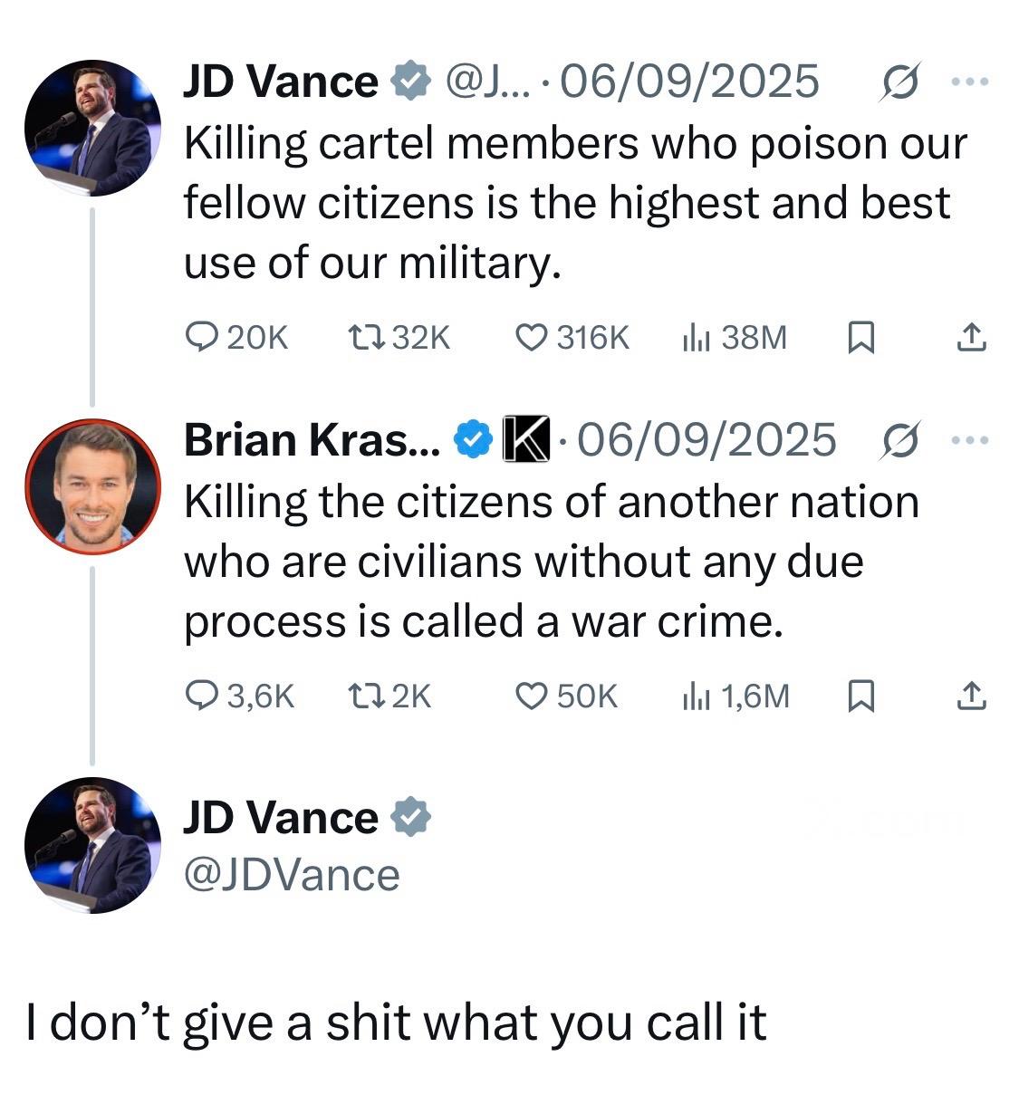 JD Vance condoning the killing of suspected criminals without due process, also known as murder.
