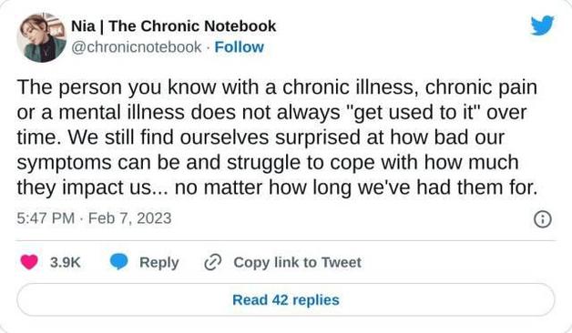 @chronicnotebook - The person you know with a chronic illness, chronic pain or a mental illness does not always "get used to it" over time. We still find ourselves surprised at how bad our symptoms can be and struggle to cope with how much they impact us... no matter how long we've had them for.