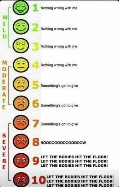 the pain scale   -  
mild -    
1 (green) nothing wrong with me - 
2 (lighter green) nothing wrong with me  -
3 (lightest green) nothing wrong with me    -

moderate -    
4- yellow - nothing wrong with me   -    
5 -  light orange - something's got to give -    
6 - orange - something's got to give -      

   SEVERE -     
7 - dark orange - something's got to give -    
8 -  red - noooooooooooooooooooow -           

9 - darker red tears - let the bodies hit the floor!  let the bodies hit the floor!  let the bodies hit the floor!  -    

10 - darker red crying - let the bodies hit the floor!  let the bodies hit the floor!  let the bodies hit the floor!