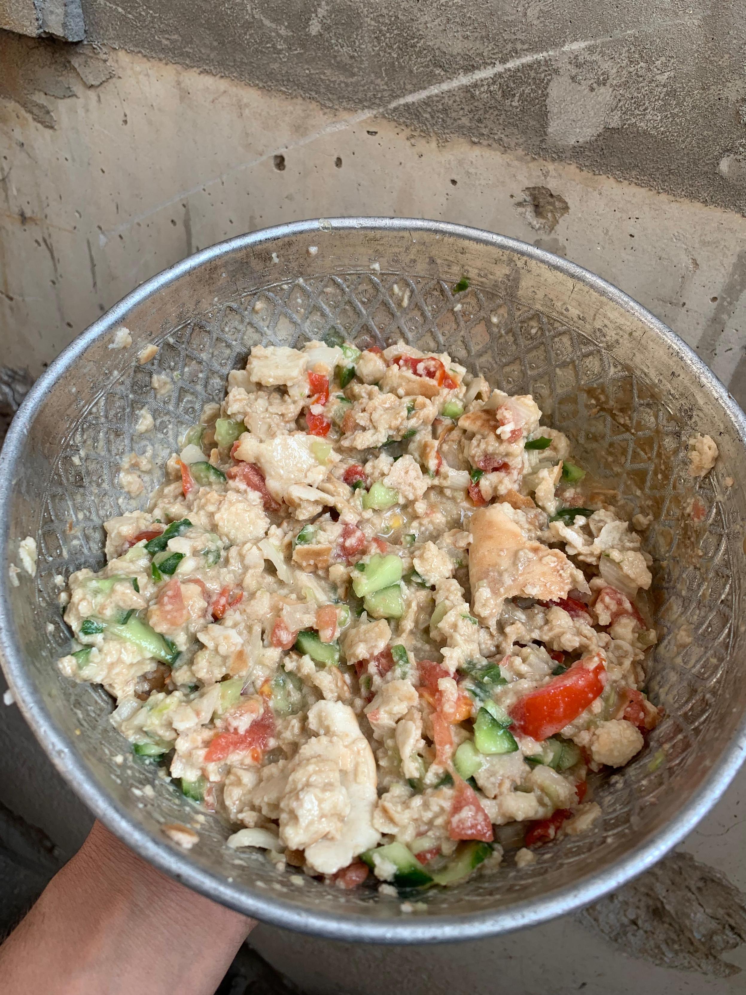 A close-up of Fattoush, a delicious Palestinian breakfast!