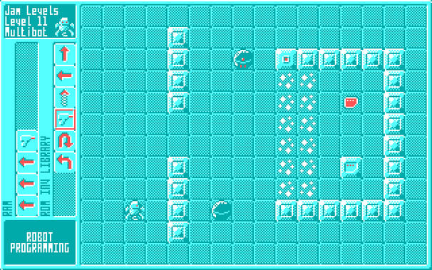 Multibot begins the penultimate level. Multibot has all three attachments: walker to allow lateral movement, phaser to shoot, and spring to leap. Here, Multibot is preparing to step sideways out of cover, and shoot one of the guards who should be in Multibot's line of fire. Multibot's disadvantages are the small memory, lack of inventory, and the lack of any instruction in ROM.