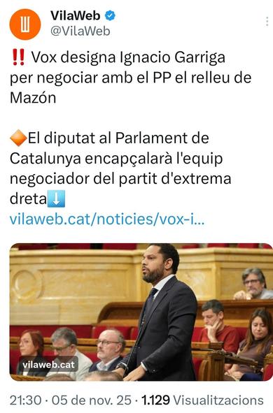Captura de pantalla noticia vilaweb: "Vox designa Ignacio Garriga per negociar amb el PP el relleu de Mazón"