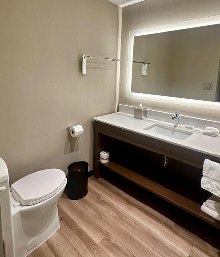 Toilette im Hotel. Boden ist Laminat. Die Toilettenschüssel ist links, recht nah an der Wand. Der Papierrollenhalter ist gleich daneben an der Seitenwand.