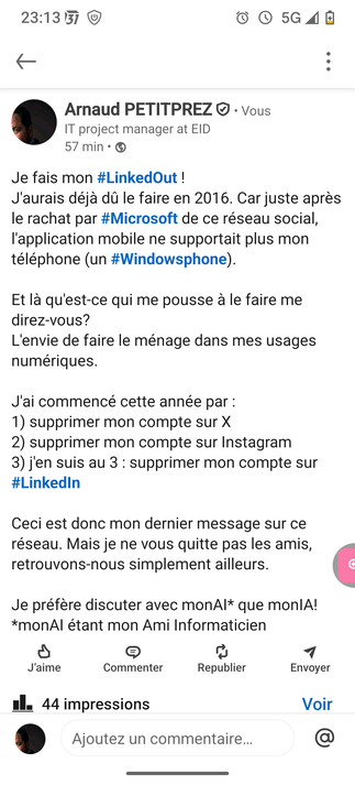 Dernier message posté sur LinkedIn avant la clôture de mon compte