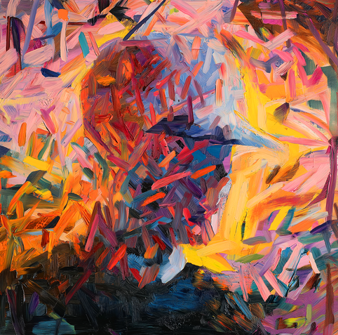 This expressive oil painting bursts with energy and movement, composed of thick, dynamic brushstrokes in vivid hues of orange, pink, violet, blue, and yellow. Amid the abstraction, the faint outline of a figure wearing a cap emerges—suggesting contemplation or focus within chaos. The surrounding colors seem to radiate around the subject like a glowing aura, giving the impression of thought, emotion, or creative intensity being made visible.