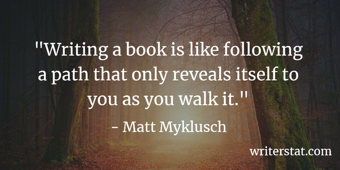 Writing a book is like following a path that only reveals itself to you as you walk it. - Matt Myklusch - Writing. ~ Background shows a photo of a forest path, lit up at the end with a bright light, the light causing it to look like a painting.