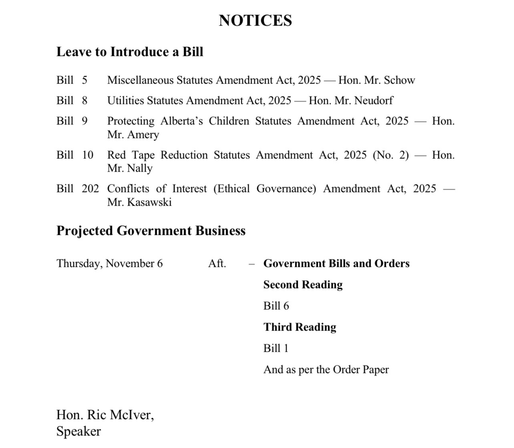 Alberta Legislature Order Paper for Nov. 6,2025. 