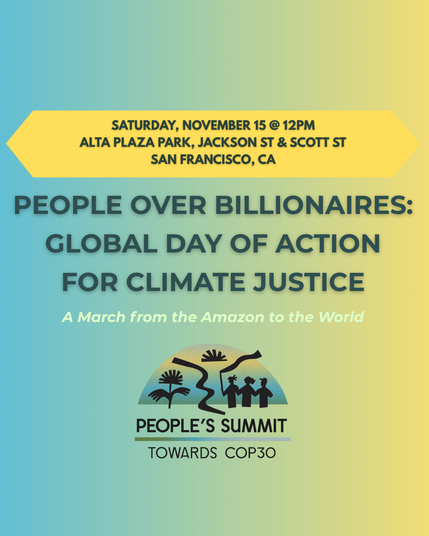 Graphic announcing march. Location, time and title with People's Summit logo