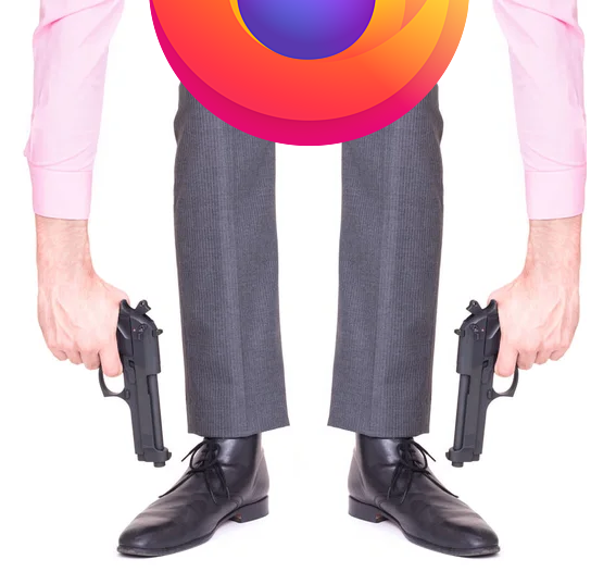 A person holding two black handguns pointed towards the feet, only the legs and arms are visible, expressing twice the metaphor "shoot oneself in the foot".
The lower half of Mozilla logo is visible at the top.

