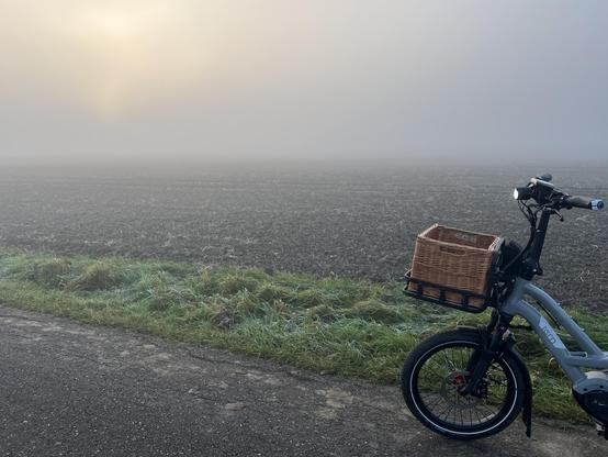 Ein Fahrrad, das neben einem kahlen Feld abgestellt ist. Das Feld verliert sich im Nebel, durch den die Morgensonne kaum hindurch dringt