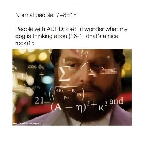 Normal people: 7+8=15. People with ADHD: 8+8=(I wonder what my dog is thinking about)16-1=(that's a nice rock)15." Below the text is a photo of actor Zach Galifianakis looking confused and surrounded by complex mathematical equations and symbols, a common meme format for confusion or deep thought.