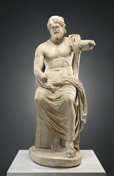 Roman marble statue of Jupiter called the Marbury Hall Zeus. Portrayed as a mature bearded man, Zeus sits enthroned in his role as king of the gods. Originally he would have held his attributes: a scepter and a thunderbolt. The colossal god towers over his mortal observers. Documented in the 1570s at Tivoli near Rome, the statue once decorated the gardens of the Villa d'Este. It is named for having been in the collection at Marbury Hall in England.

Although it was carved in a Roman workshop in…