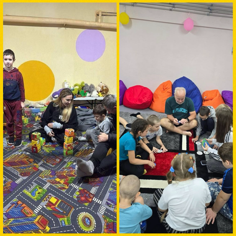 Photo collage. Left image: Angelina Jolie at a children's facility in Kherson on November 5, 2025. Right image: Volodymyr Sagaydak in the underground rooms of the Municipal Children’s Center in Kherson on September 1, 2025.