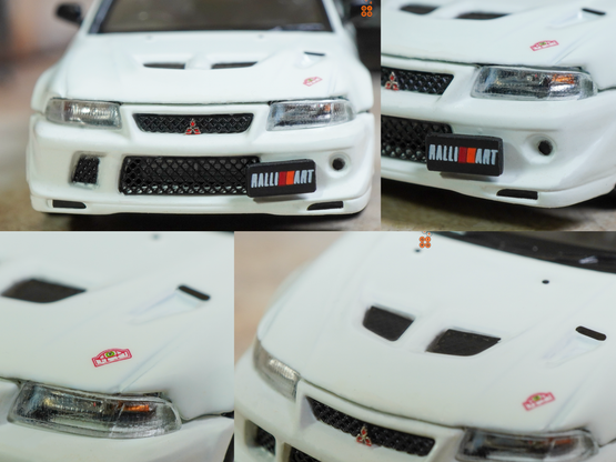 Some close-up shots of Mitsubishi Lancer RS Evolution 6, Monte Carlo Edition, Scortia White by Hobby Japan in 1:64 scale on AREA 164.