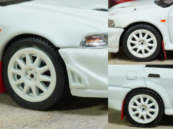 Some close-up shots of Mitsubishi Lancer RS Evolution 6, Monte Carlo Edition, Scortia White by Hobby Japan in 1:64 scale on AREA 164.
