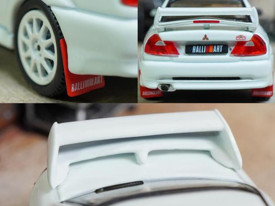 Some close-up shots of Mitsubishi Lancer RS Evolution 6, Monte Carlo Edition, Scortia White by Hobby Japan in 1:64 scale on AREA 164.