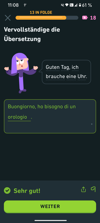 Italienisch Kurs bei Duolingo..
