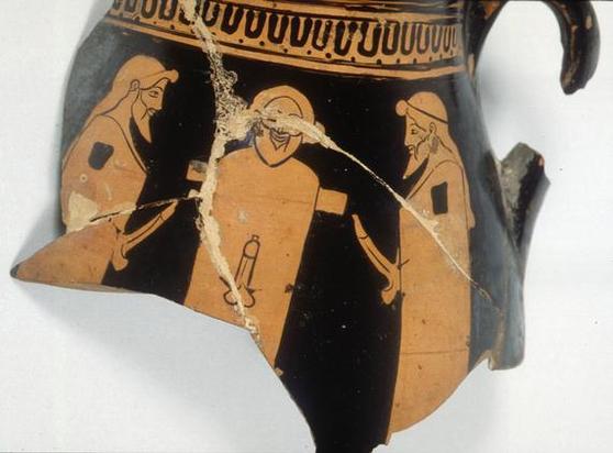 Red-figure vase painting of three herms with large erections. They are painted arranged in a group, one facing the onlooker and the other two facing each other.