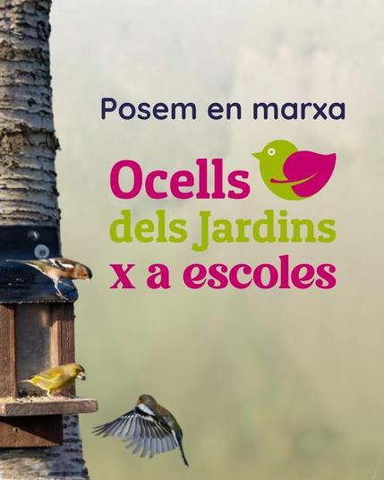 Una menjadora amb ocells al fons, amb el text: Posem en marxa Ocells dels Jardins x a escoles