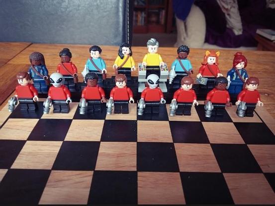 LEGO Characters from the 2260s Star Trek Universe, set up as chess pieces 

KING: Captain Pike
QUEEN: Number One
BISHOP: Spock
BISHOP: Dr M'Benga
KNIGHT: Nyota Uhura
KNIGHT: M'Ress
ROOK: Michael Burnham
ROOK: Sylvia Tilly

PAWNS: Redshirts