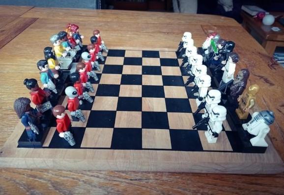 A Star Trek vs Star Wars Chessboard, with the players made up as LEGO minifigures