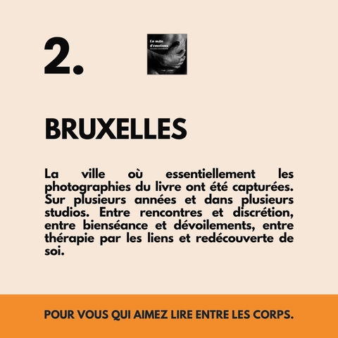 2. BRUXELLES
La ville où essentiellement les photographies du livre ont été capturées. Sur plusieurs années et dans plusieurs studios. Entre rencontres et discrétion, entre bienséance et dévoilements, entre thérapie par les liens et redécouverte de soi.
POUR VOUS QUI AIMEZ LIRE ENTRE LES CORPS.