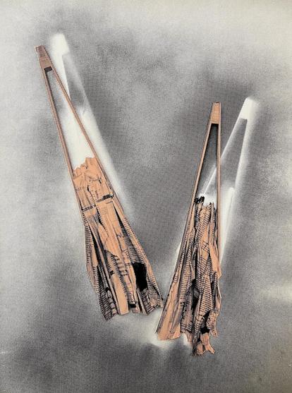 Deux pinces en bois tiennent chacune un exemplaire récent du Financial Times déchiqueté sur un fond gris et noir éclaté sur lequel  apparaissent aussi les pinces  en réserves blanches
Two wooden tongs each hold a recent copy of the Financial Times, shredded against a splattered gray and black background, on which the clips also appear in white reserves.