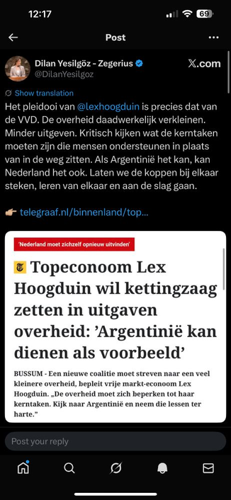 Bericht op X waar VVD/Yesilgoz Nederland vergelijkt met Argentinie en stelt dat bij ons ook de "kettingzaag" erin moet....