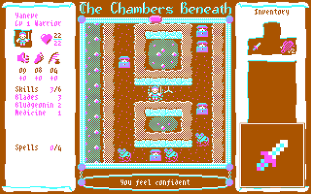 Although Yaneve the Warrior could handle a Sword, there were none in the weapons shop. So Yaneve chose this handy dagger instead. She'll make do with the dagger till there's a decent sword in the shop. Her dagger is enlarged in the inset.