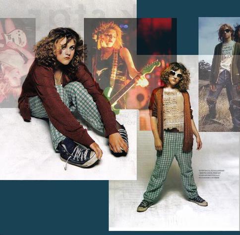 Collage of a famous Frances Bean Cobain photoshoot with the images of her father and mother.