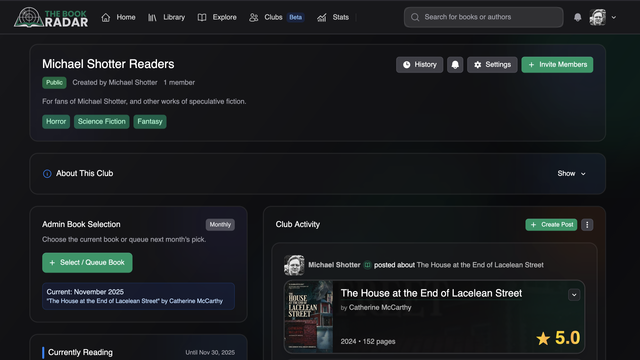 Screenshot of the "Michael Shotter Readers" book club at The Book Radar