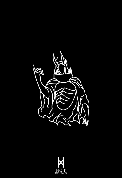 Ilustración de líneas blancas sobre un fondo negro liso. En el centro, se muestra una figura estilizada y amenazante, similar a un señor oscuro, con un casco puntiagudo. Viste una túnica fluida y oscura, pero con el pecho descubierto. Su brazo izquierdo está levantado, con el dedo índice apuntando hacia arriba. La mano derecha está baja y apenas visible. En la parte inferior central, hay un logo en blanco con una "H" estilizada y las palabras "HOT DISEÑOS" debajo.