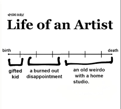 A chart describing the "Life of an Artist" in three stages: Gifted kid, burned out disappointment, and an old weirdo with a home studio.