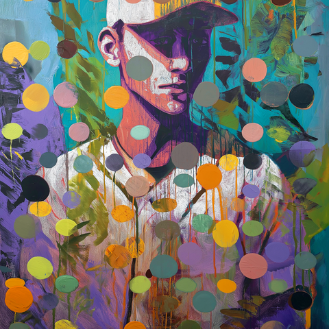 This painting blends realism and abstraction, portraying a figure in a baseball cap and striped jersey, surrounded by colorful circular shapes. The dots—ranging from orange and yellow to teal and mauve—drip and overlap, creating a sense of playful chaos against the calm, introspective expression of the subject. The contrast between sharp realism and loose abstraction suggests a tension between focus and distraction, discipline and creativity—mirroring the meditative stillness often found in the middle of the game.