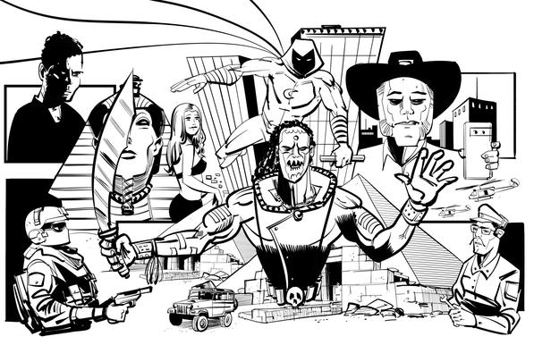 An inked illustrated montage featuring Moon Knight, Marlene, Frenchie, pyramids and more!