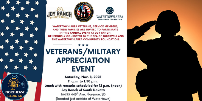 Veterans/Military Appreciation Event flyer with soldier silhouette. Event on Nov 8, 2025, 11am at Joy Ranch, SD. Featuring star-spangled pattern.