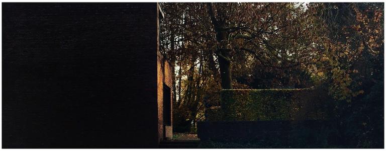 Auf der linken Seite ist eine schattige Ecke eines Backsteingebäudes zu sehen, mit einem Baum und üppigem Grün im Hintergrund, das Herbstlaub zeigt. Die Szene hat aufgrund des schwachen Lichts eine launische und atmosphärische Qualität. 
-
A shadowy corner of a brick building is visible on the left side, with a tree and lush greenery in the background, showcasing autumn foliage. The scene has a moody and atmospheric quality due to the low light.