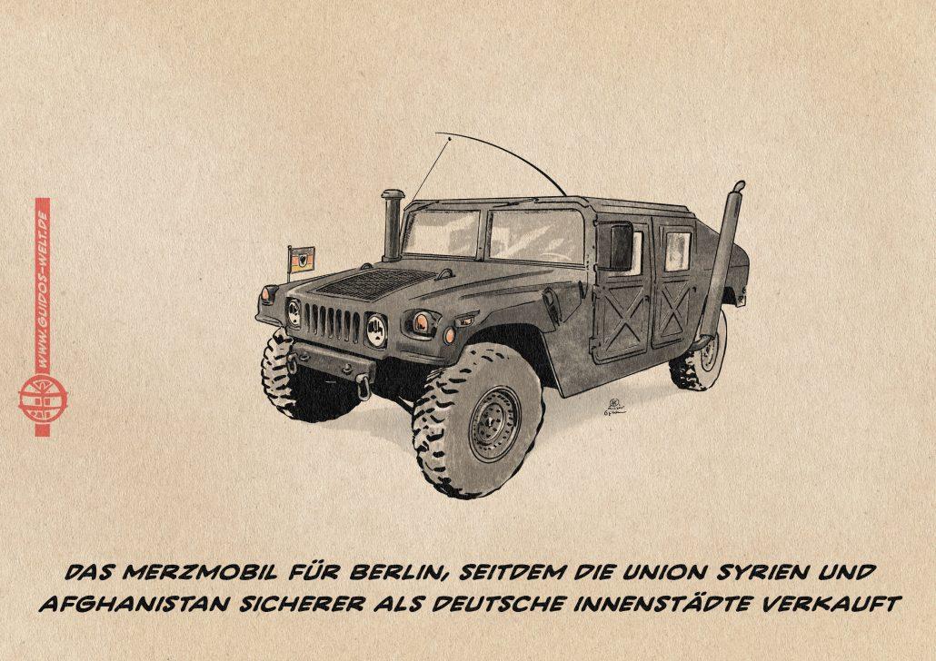 Illustration eines schwarzen Humvee mit Bundes-Ständer am vorderen rechten Kotflügel. Textzeile: Das Merkmal für Berlin, seitdem die Union Syrien und Afghanistan sicherer als deutsche Innenstädte verkauft.