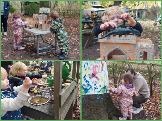 A collage of four photos, showing toddlers at play in the museum's outdoor-focused stay and play group, Nature Tots. They are using their imaginations, creating stories, and building worlds with a wooden castle, mud kitchen, and painting on a roll of paper taped around a tree trunk.
