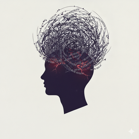 A silohouette of a human head from the side. above it a lot of words spiraling in thorny mess around his head and adding cracks to the head.