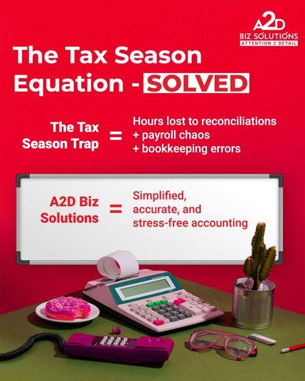 What if the real reason your books don’t balance… isn’t the numbers, but the noise behind them?

Every tax season tells the same story, late nights, messy reconciliations, payroll panic, and errors that somehow appear right before the deadline.

But what if accounting didn’t have to feel like solving chaos with caffeine?

At A2D Biz Solutions, we’ve rewritten the equation:

 👉 Hours lost → reclaimed time
 👉 Bookkeeping chaos → accurate clarity
 👉 Payroll stress → seamless operations

Because when your numbers tell the truth, your business can finally speak with confidence.

#TaxSeason #AccountingSolutions #Bookkeeping #Payroll #FinanceSimplified #A2DBizSolutions
