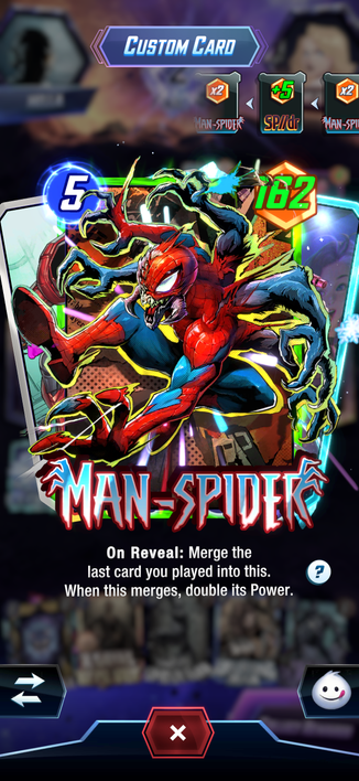 A screenshot of the mobile game Marvel Snap showing the card Man-Spider with 162 power. 