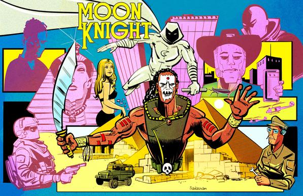 A colored version of the illustrated montage I posted yesterday, featuring Moon Knight and his assorted cast.