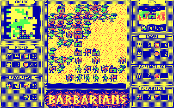 A screenshot from the recently released Barbarians for MS-DOS. It uses a similar layout to the versions ZX Spectrum and some Psion pocket computers. A central main map is surrounded by various information panels: on the left, information about the empire as a whole, on the right, information about the last referenced map square, and underneath, the game's name and a one-line prompt and menu display.